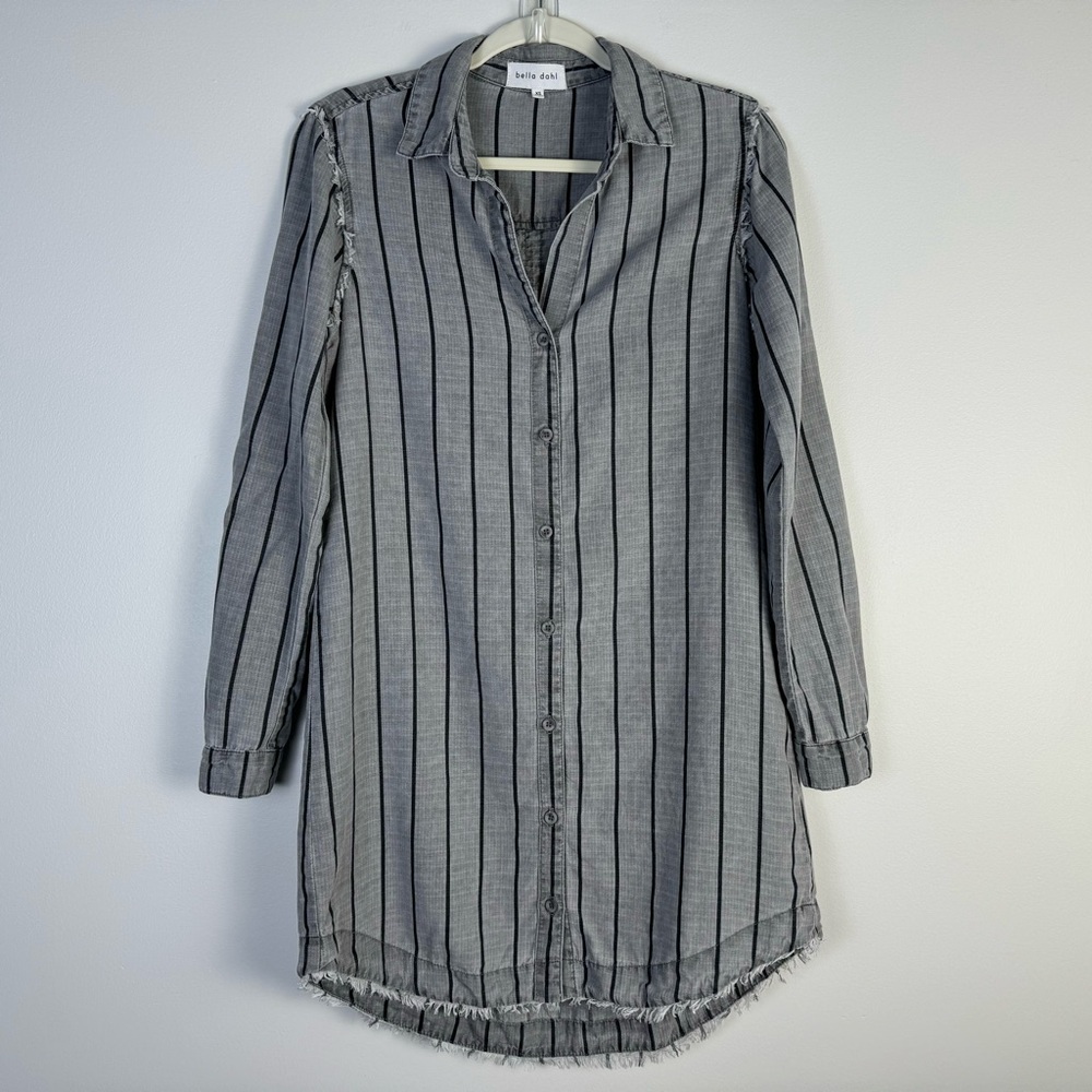 Bella Dahl Shirt Dress A-line Raw Hem Long Sleeve Roll Tab XS Grey Stripe Casual